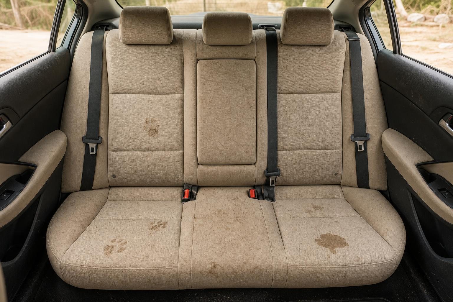 Asiento trasero lleno de pelo y barro