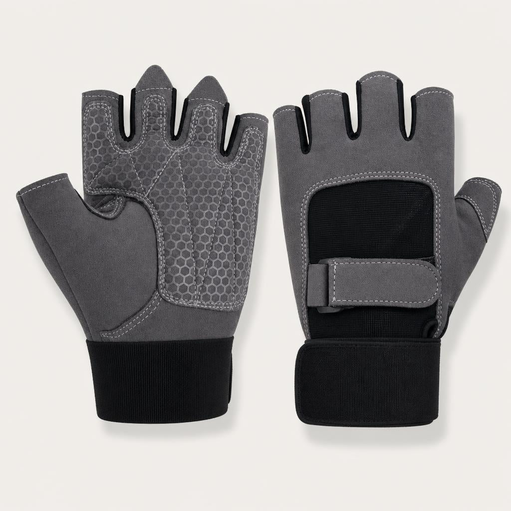 Guantes de gimnasio con muñequera, vista de la palma y del dorso