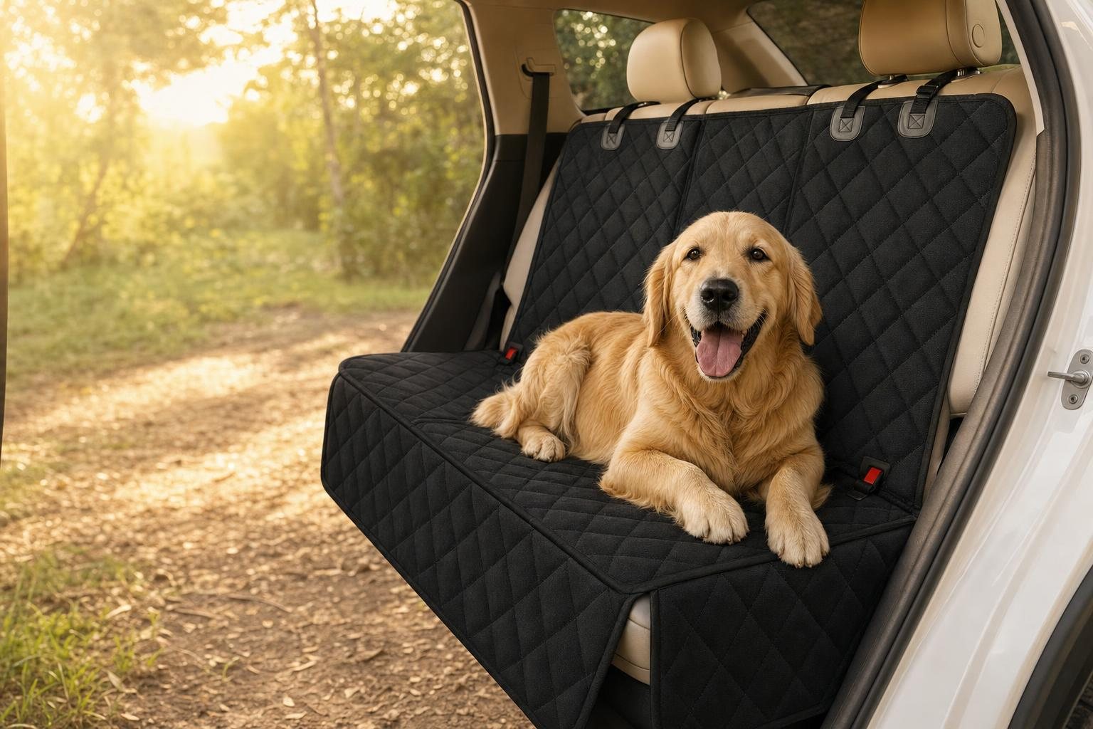 Perro tumbado en el asiento trasero del coche sobre la funda protectora